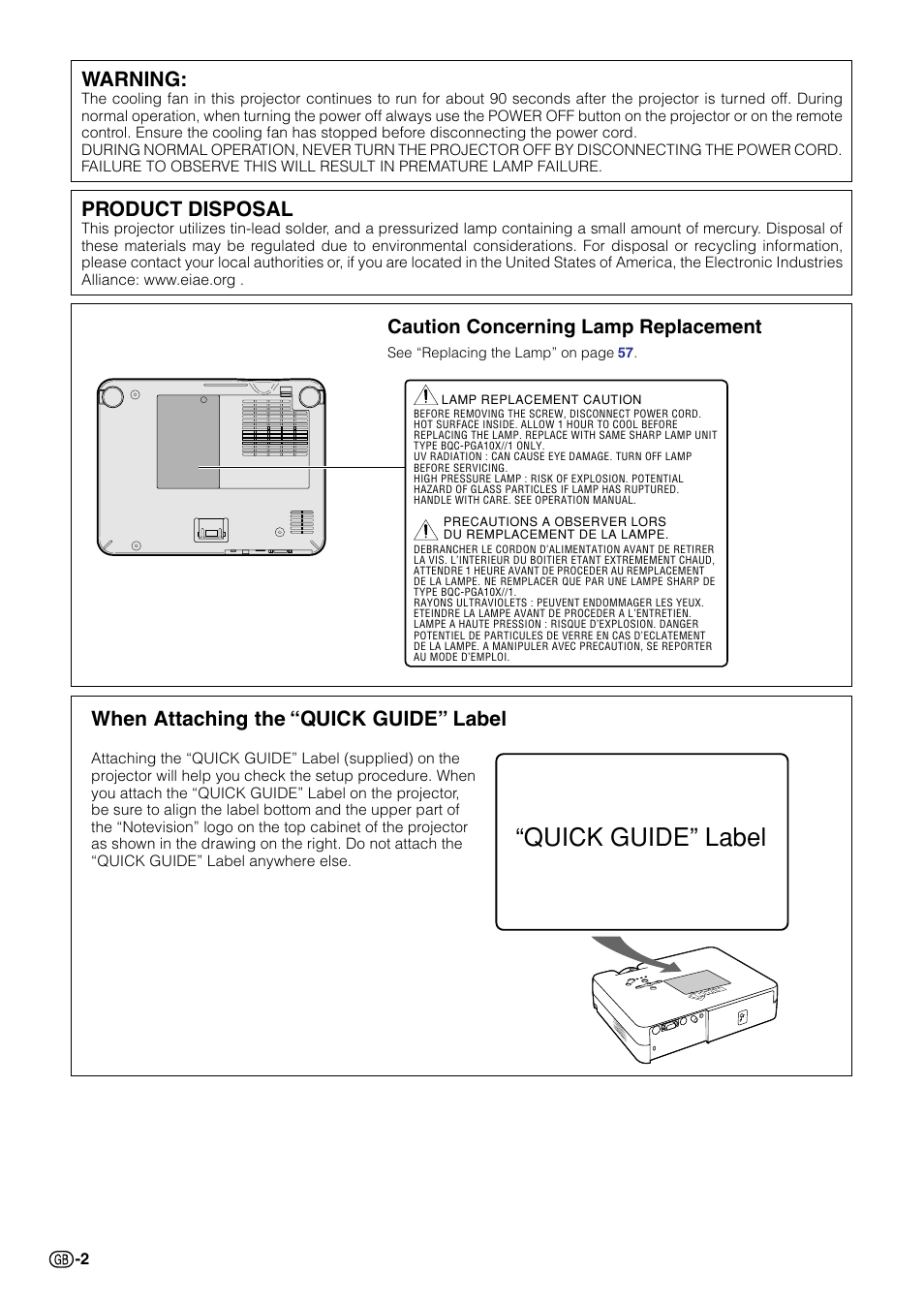 Quick guide” label, Warning, Product disposal | When attaching the “quick guide” label, Caution concerning lamp replacement | Sharp Notevision PG-A10X User Manual | Page 6 / 74