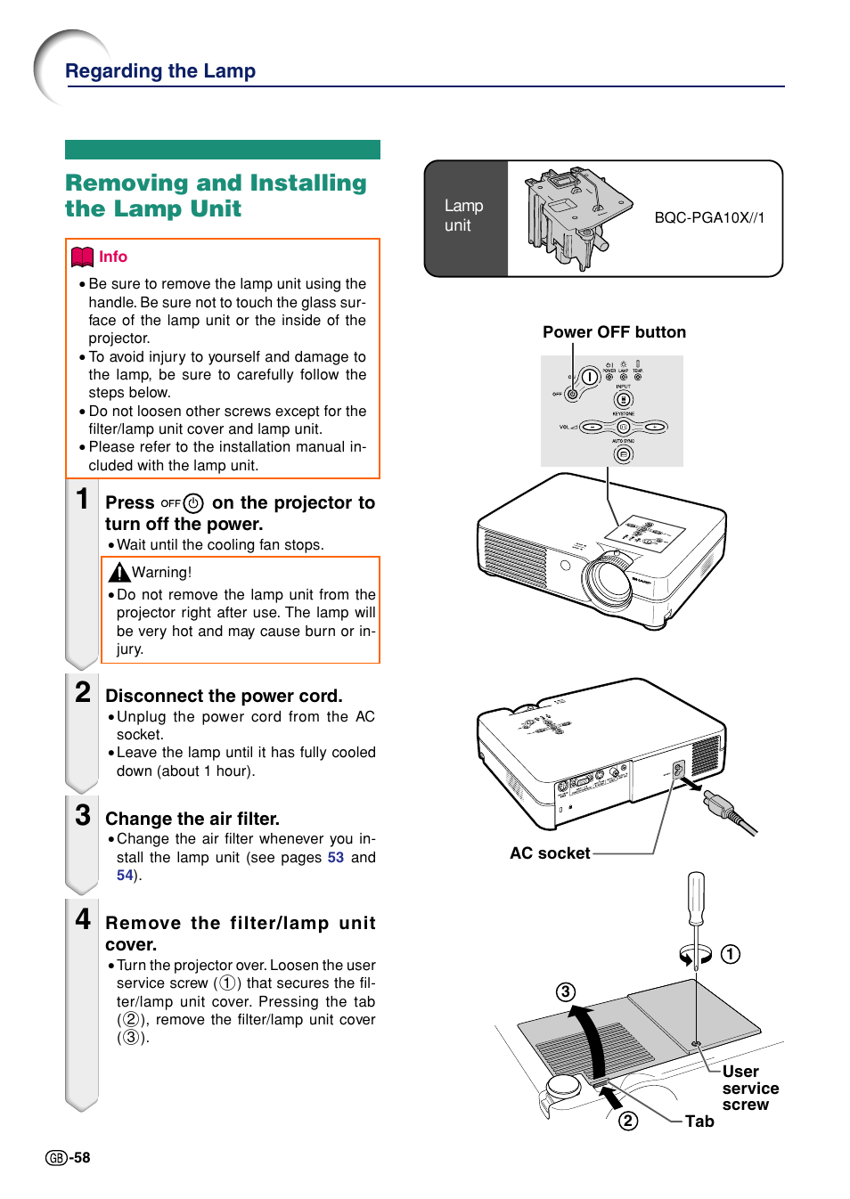 Removing and installing the lamp unit | Sharp Notevision PG-A10X User Manual | Page 62 / 74
