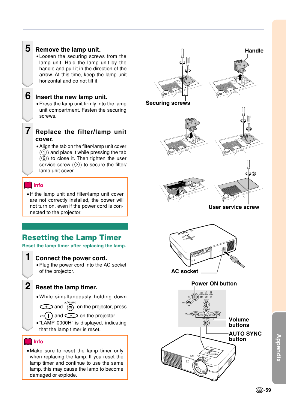 Resetting the lamp timer | Sharp Notevision PG-A10X User Manual | Page 63 / 74