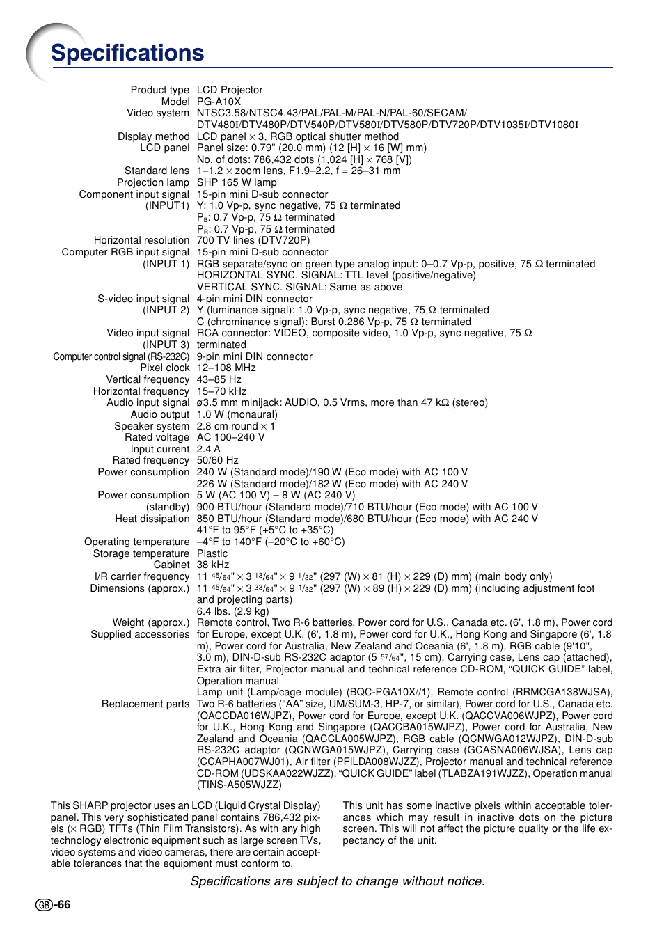Specifications | Sharp Notevision PG-A10X User Manual | Page 70 / 74