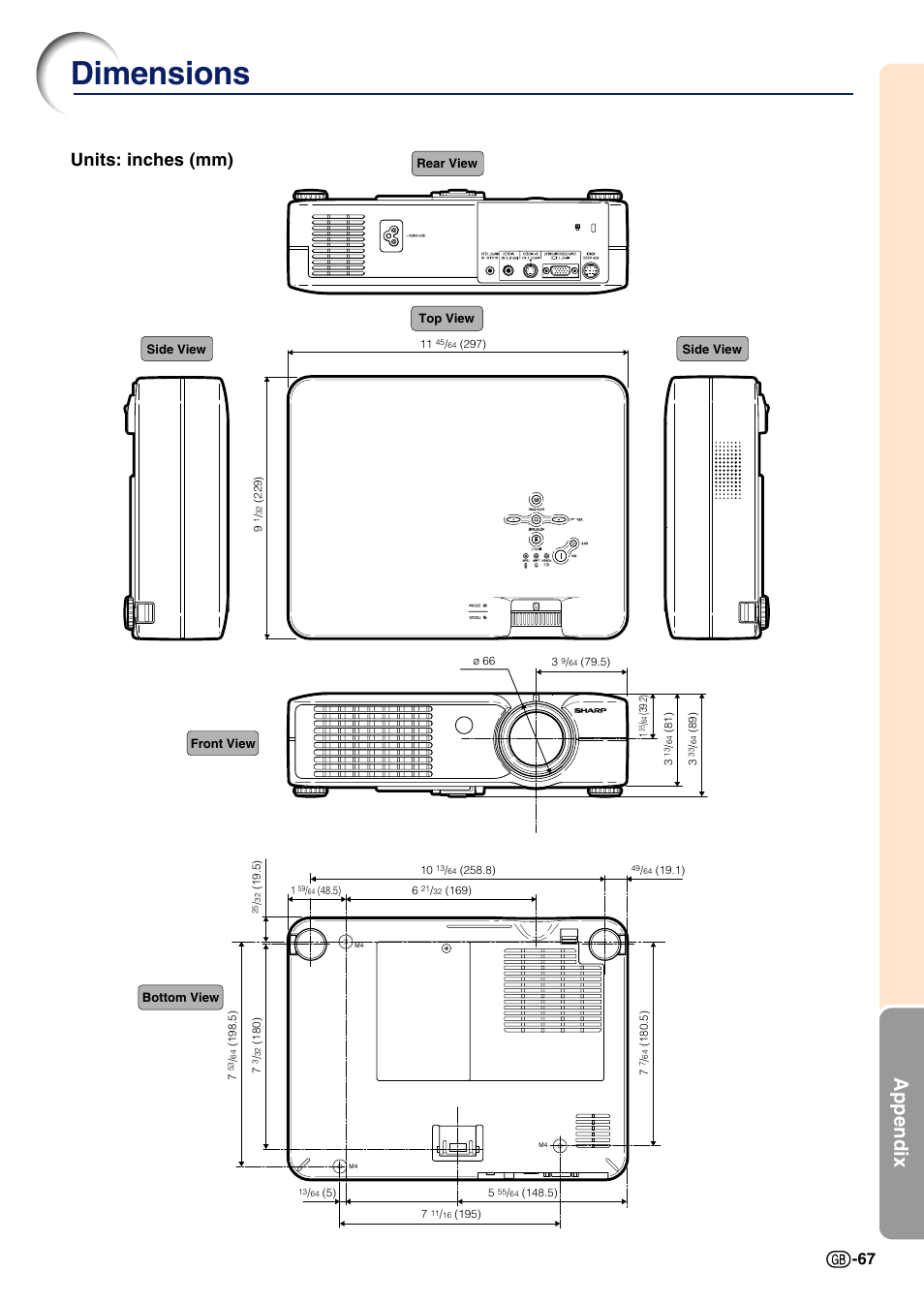 Dimensions, Appendix, Units: inches (mm) | Sharp Notevision PG-A10X User Manual | Page 71 / 74