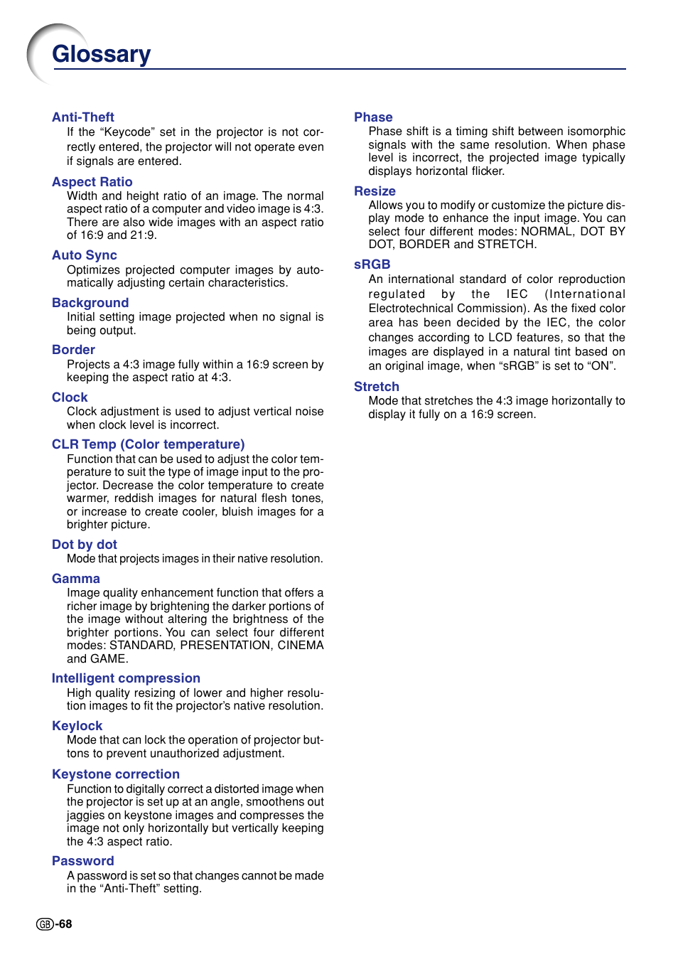 Glossary, Clr temp, Gamma | Srgb, Clock phase, Resize, Aspect ratio, Stretch, Dot by dot, Border | Sharp Notevision PG-A10X User Manual | Page 72 / 74