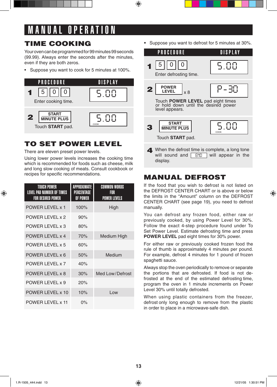 Manual defrost, Time cooking | Sharp R-1505L User Manual | Page 13 / 32
