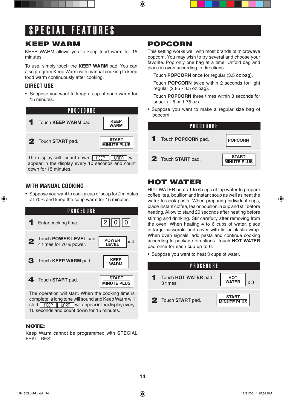 Popcorn, Keep warm, Hot water | Sharp R-1505L User Manual | Page 14 / 32