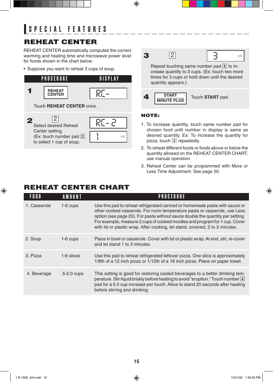 Rc- rc- 2 1, Reheat center, Reheat center chart | Sharp R-1505L User Manual | Page 15 / 32