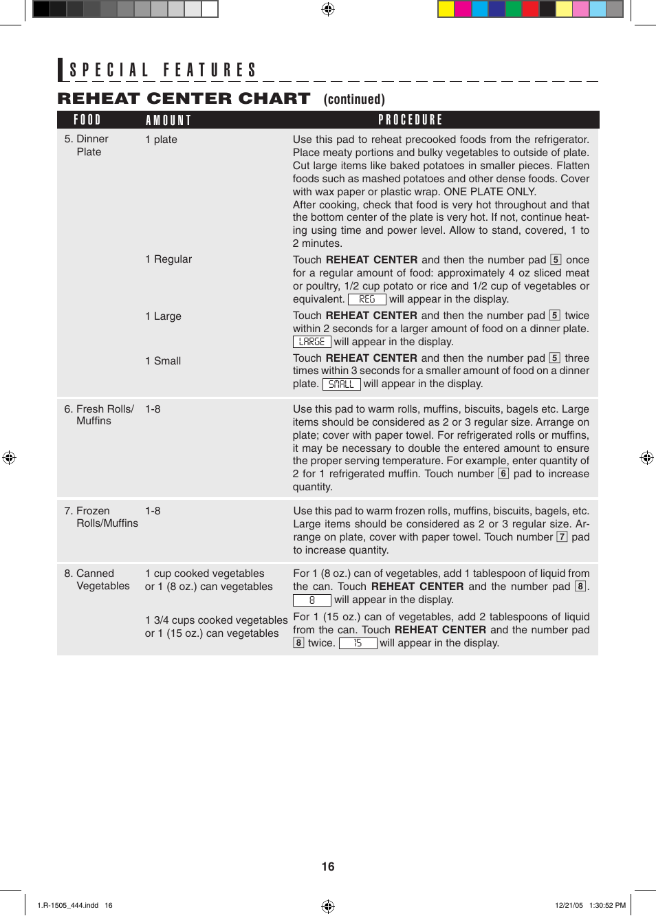 Reheat center chart, Continued) | Sharp R-1505L User Manual | Page 16 / 32