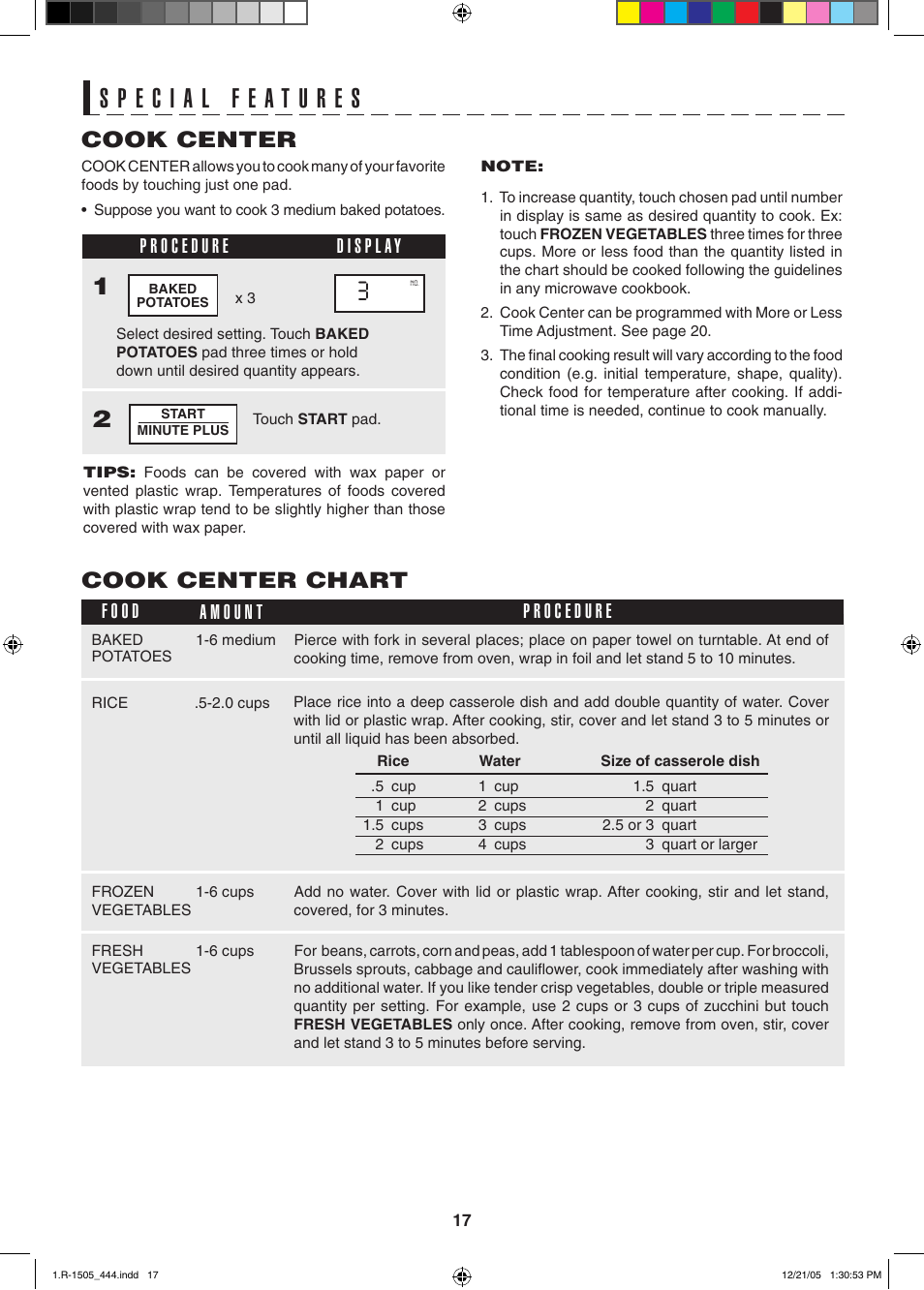 Cook center cook center chart | Sharp R-1505L User Manual | Page 17 / 32