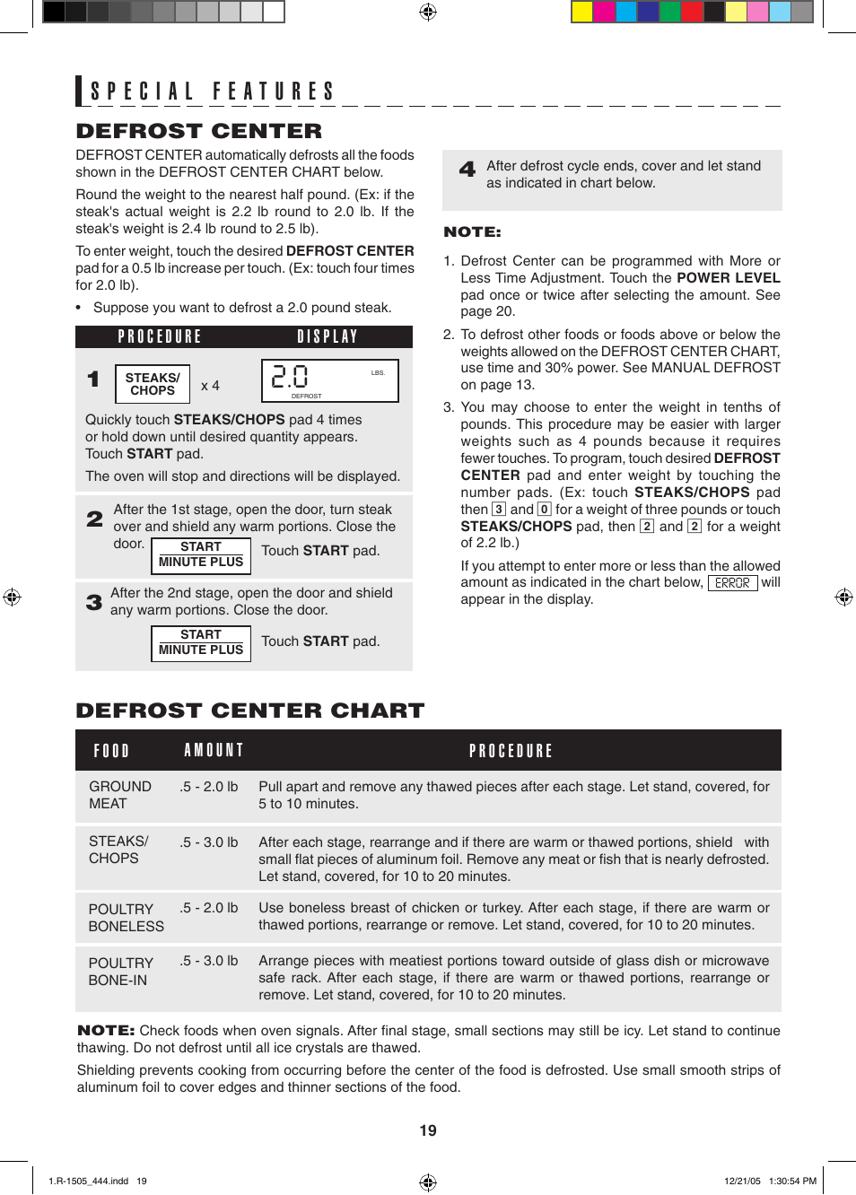 Defrost center, Defrost center chart | Sharp R-1505L User Manual | Page 19 / 32
