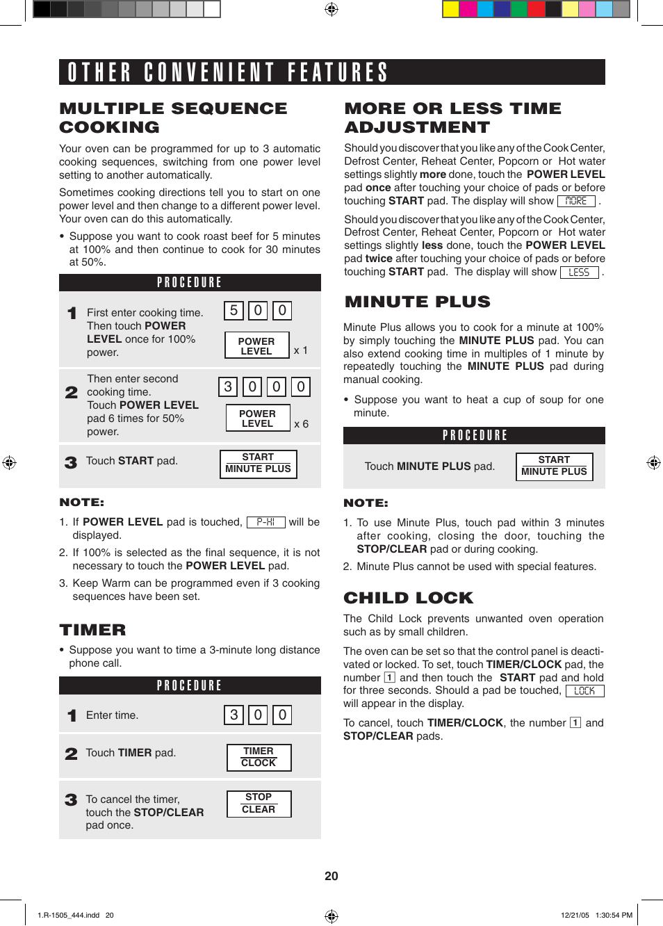 Minute plus, Multiple sequence cooking, More or less time adjustment | Child lock, Timer | Sharp R-1505L User Manual | Page 20 / 32