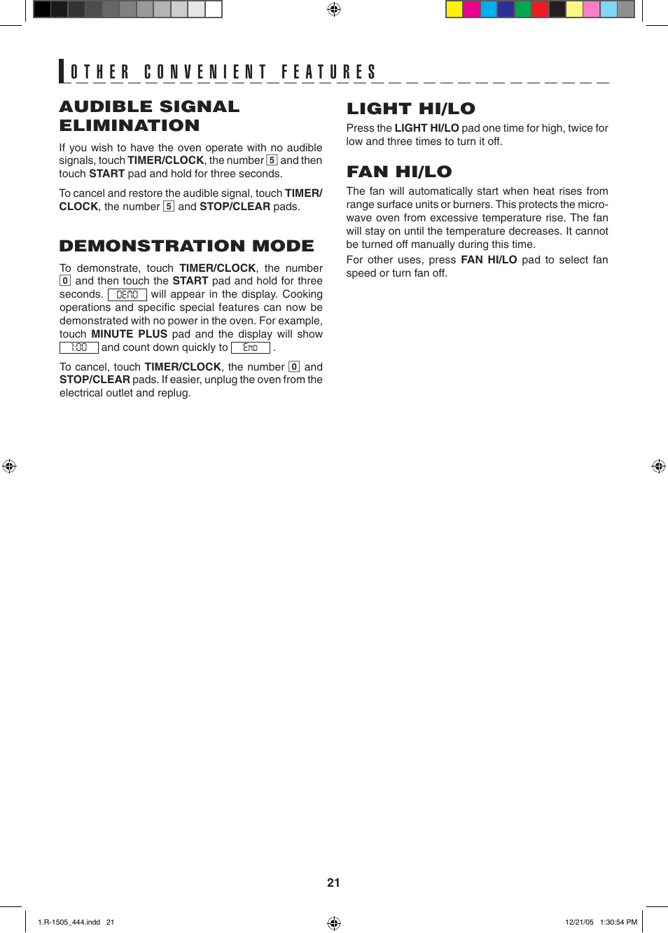 Light hi/lo, Fan hi/lo, Audible signal elimination | Demonstration mode | Sharp R-1505L User Manual | Page 21 / 32