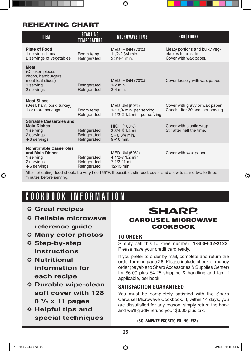 Reheating chart | Sharp R-1505L User Manual | Page 25 / 32