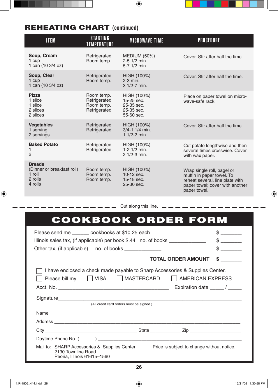 Cookbook order form, Reheating chart, Item starting temperature procedure microwave time | Sharp R-1505L User Manual | Page 26 / 32