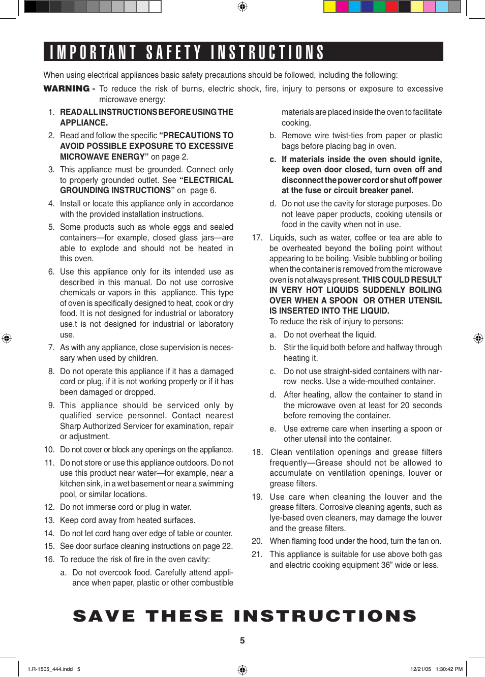 Save these instructions | Sharp R-1505L User Manual | Page 5 / 32
