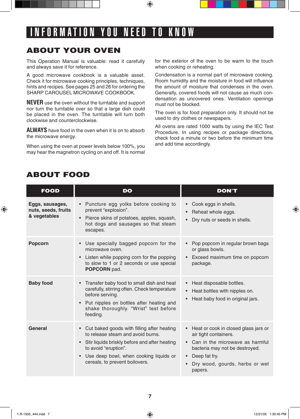 About your oven, About food | Sharp R-1505L User Manual | Page 7 / 32