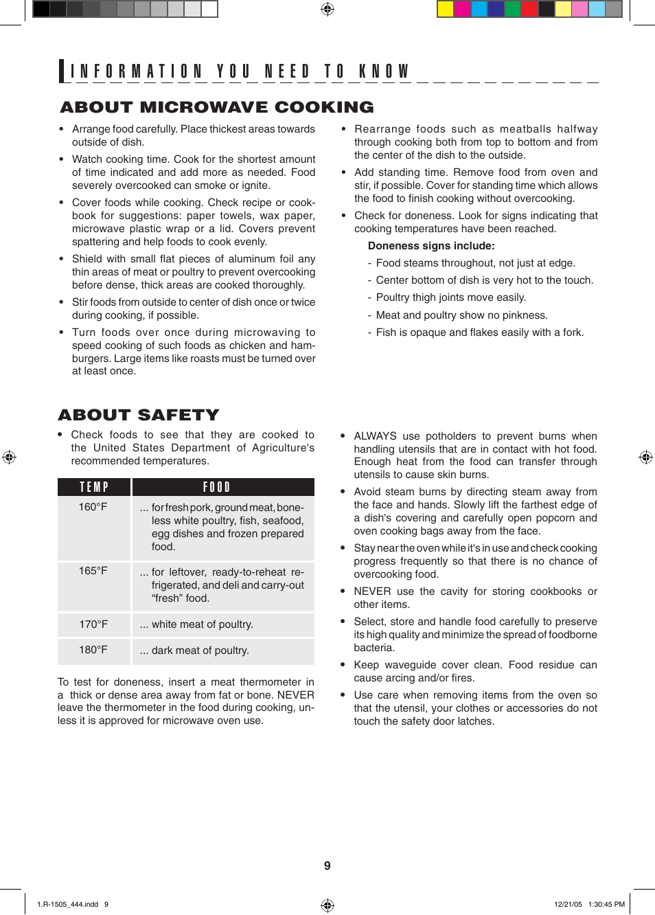 About microwave cooking, About safety | Sharp R-1505L User Manual | Page 9 / 32