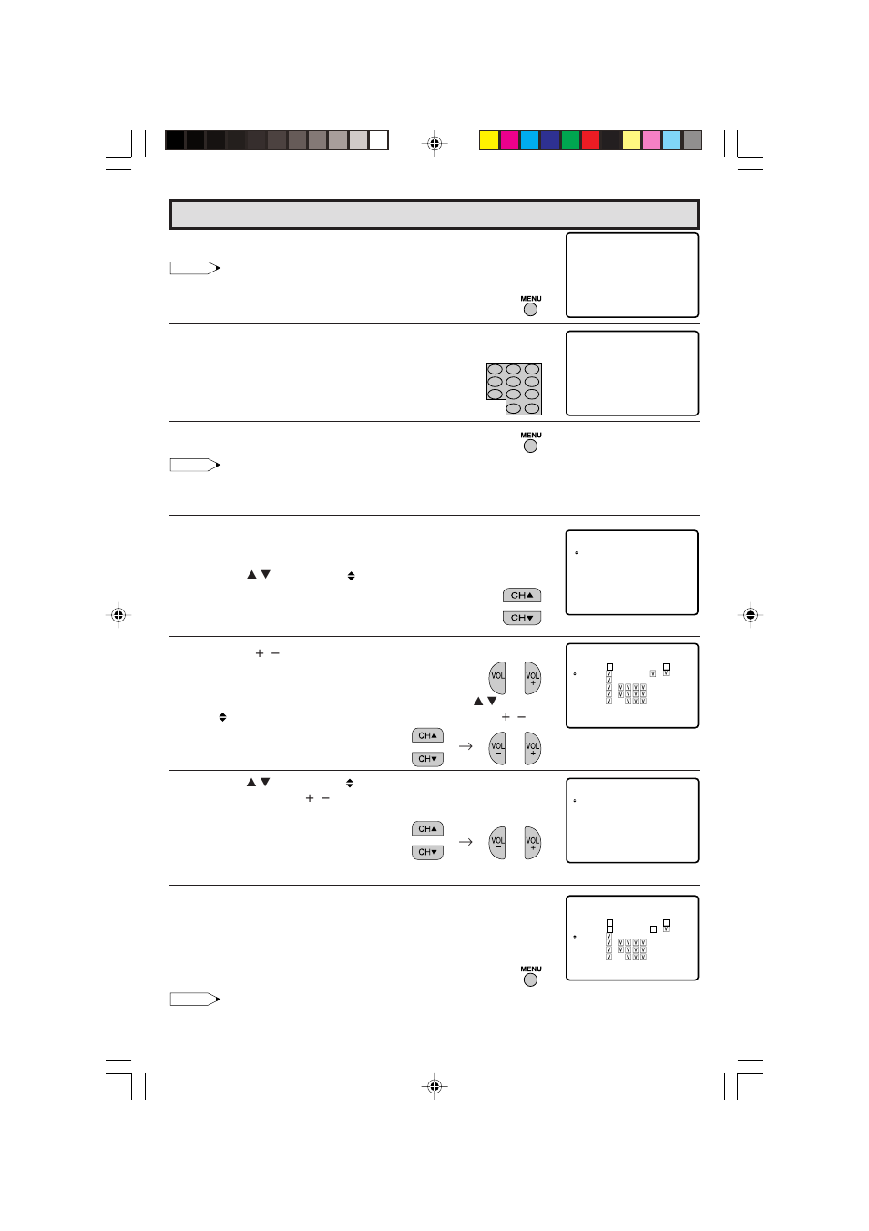 Parent control (v-chip operation) (continued), 2] tv guidelines, If secret no. is already set, skip to step 9 | Enter a 4-digit secret no. using the remote keypad, When done, press menu to exit, Repeat steps 1 to 4 of [1] mpaa rating, Press vol k / l to access the tv guidelines screen, Press menu to return to the tv guidelines screen, Press menu to exit | Sharp 27C241 User Manual | Page 17 / 45