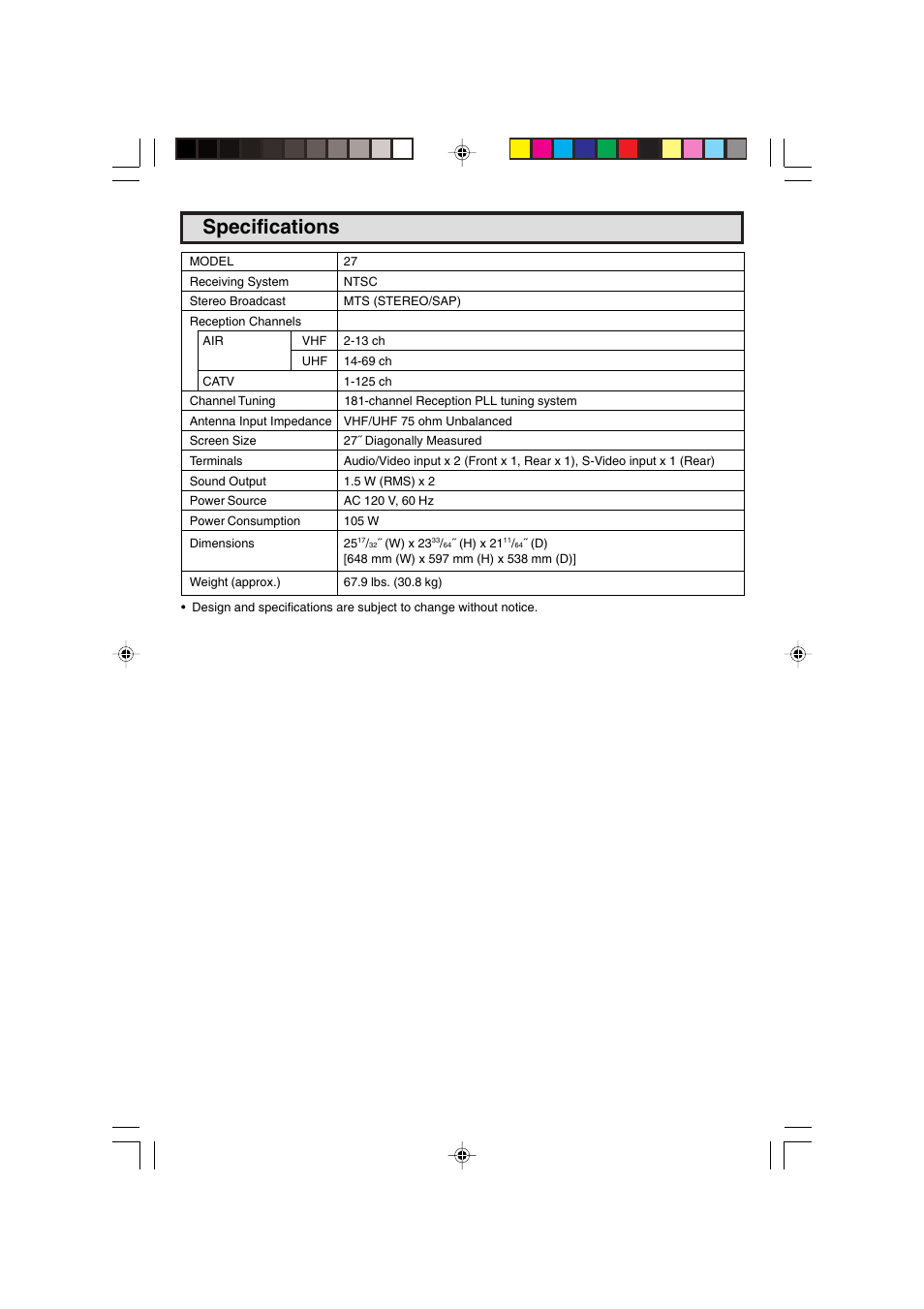 Specifications | Sharp 27C241 User Manual | Page 34 / 45