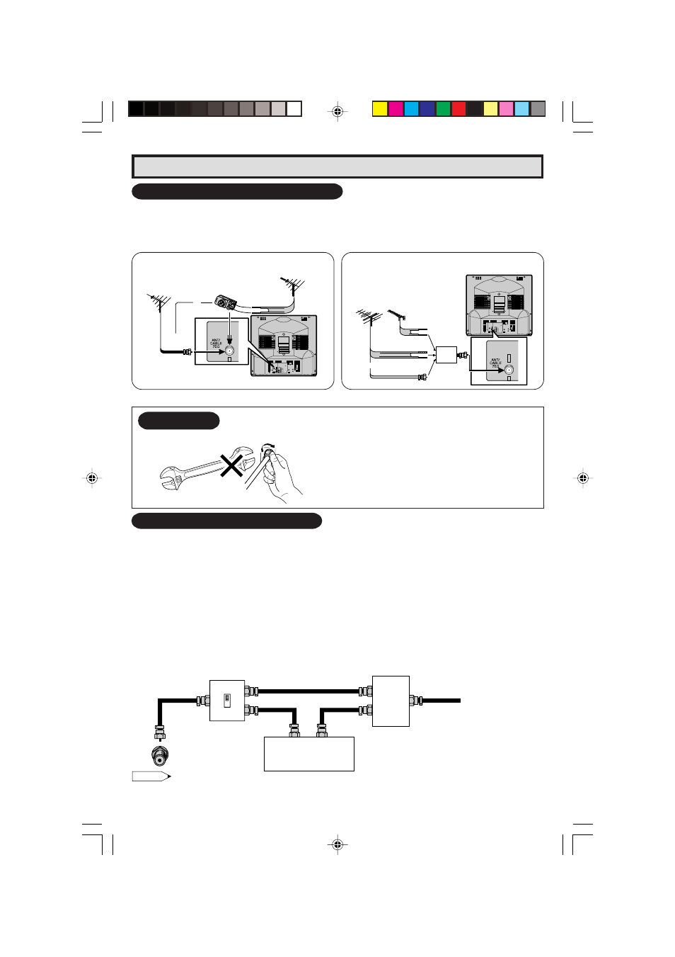 Notice, Antenna connections (continued), Cable tv (catv) connection | Outdoor antenna connection, F-type connector should be finger-tightened only | Sharp 27C241 User Manual | Page 6 / 45