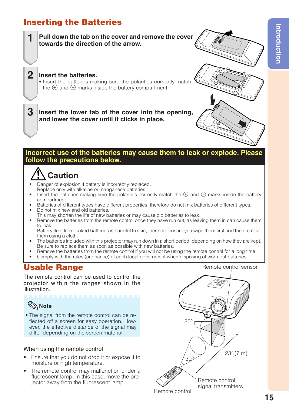 Inserting the batteries, Usable range, Inserting the batteries usable range | Caution | Sharp XG-F315X User Manual | Page 19 / 72