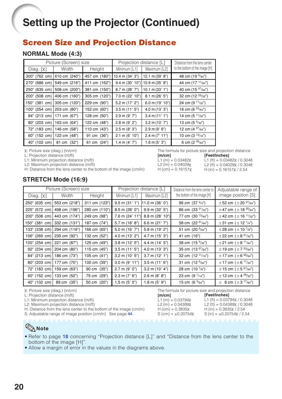 Screen size and projection distance, For additional infor, Setting up the projector (continued) | Normal mode (4:3), Stretch mode (16:9) | Sharp XG-F315X User Manual | Page 24 / 72