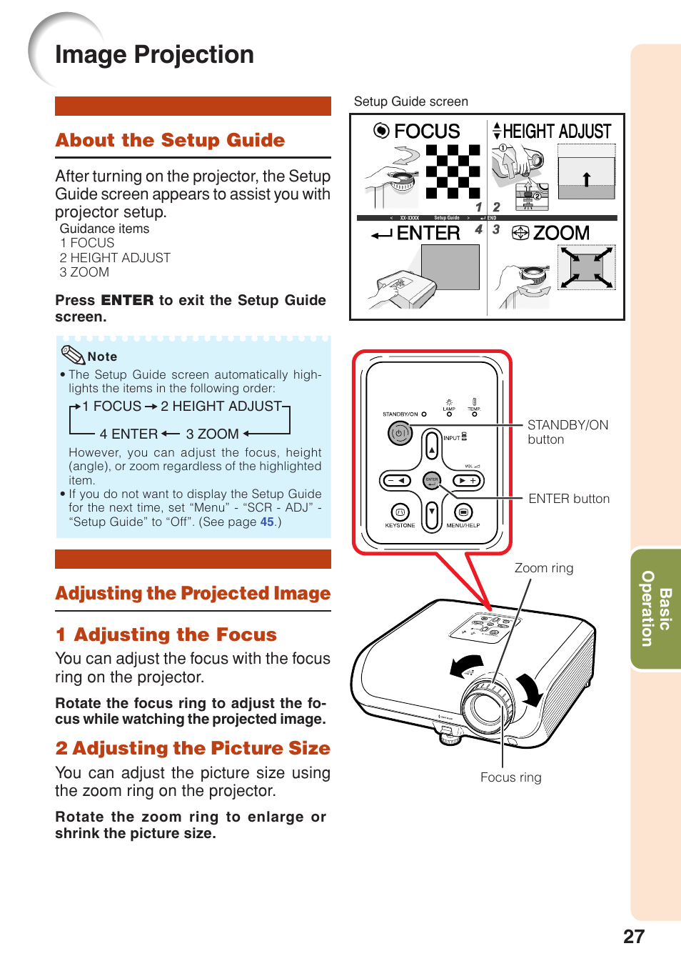 Image projection, About the setup guide, Adjusting the projected image | 2 adjusting the picture size | Sharp XG-F315X User Manual | Page 31 / 72