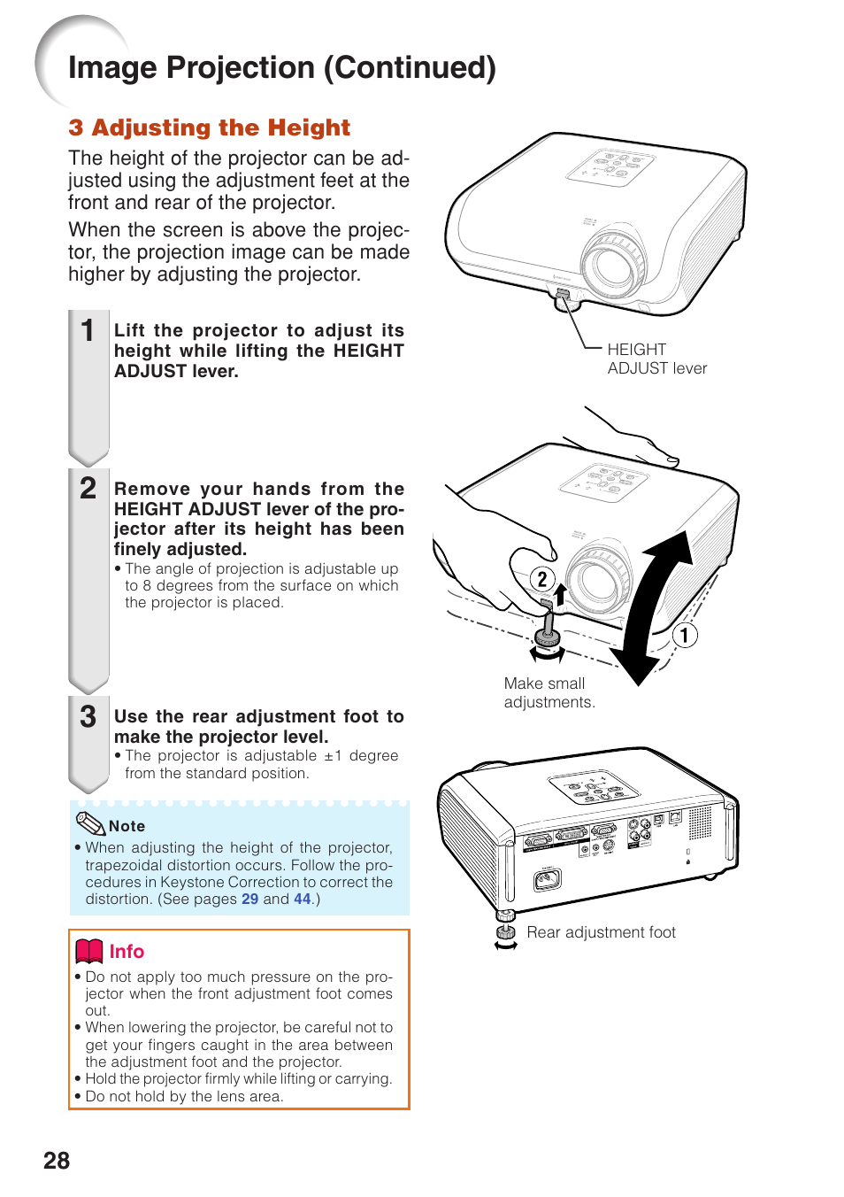 Image projection (continued), 3 adjusting the height | Sharp XG-F315X User Manual | Page 32 / 72
