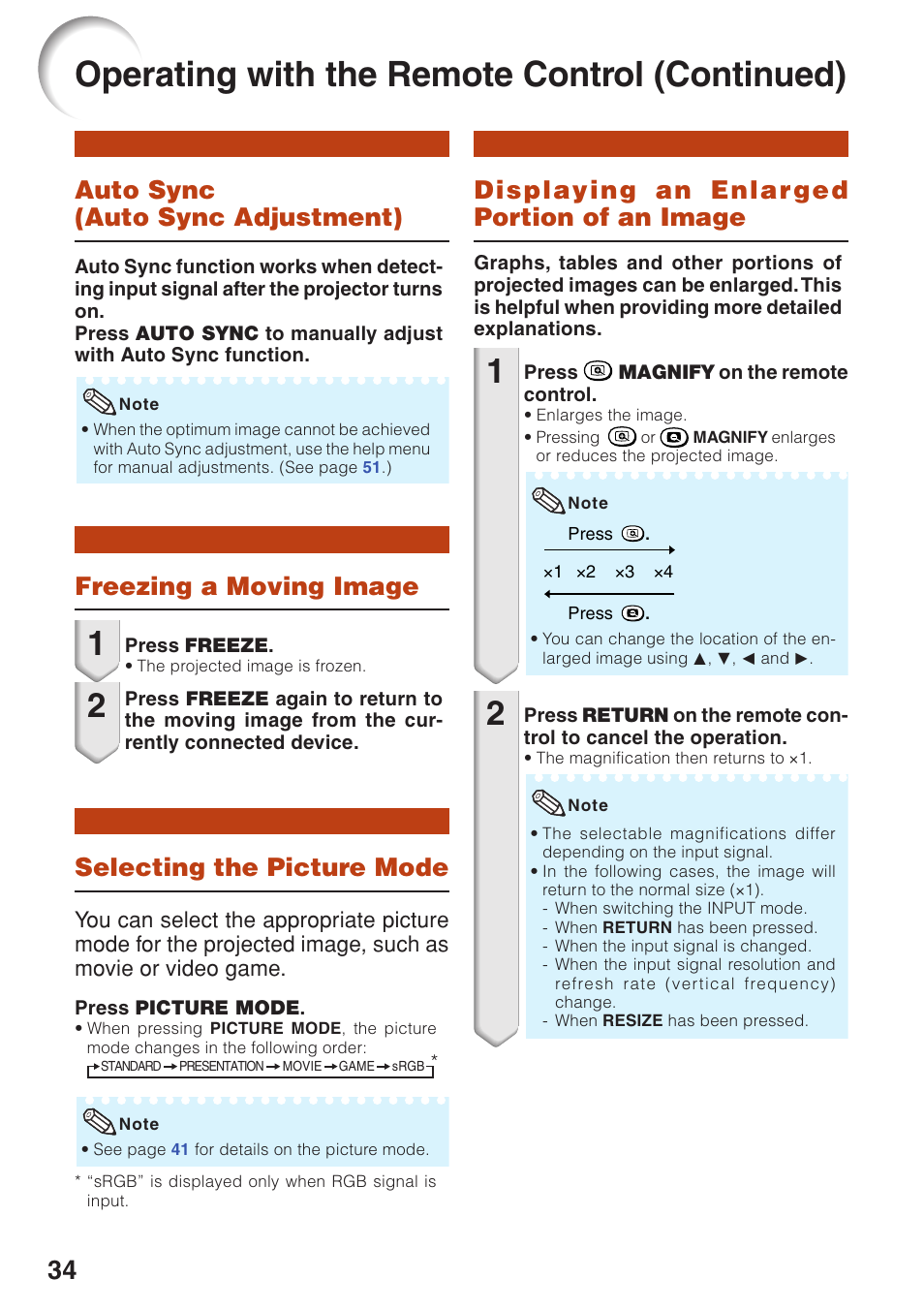 Auto sync (auto sync adjustment), Freezing a moving image, Selecting the picture mode | Displaying an enlarged portion of an image, An image, Operating with the remote control (continued), Displaying an enlar ged portion of an image | Sharp XG-F315X User Manual | Page 38 / 72