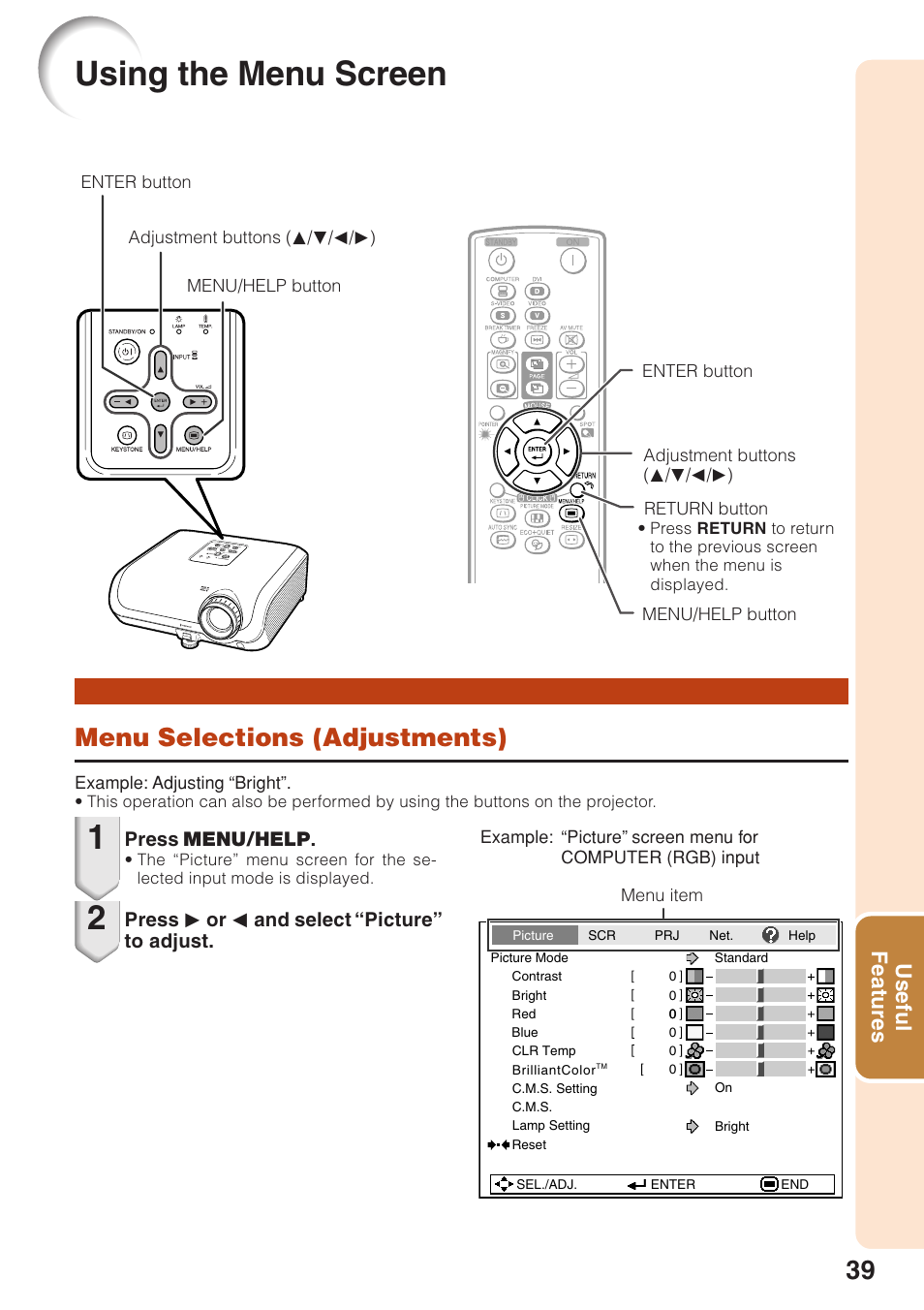 Using the menu screen, Menu selections (adjustments), Useful features | Press menu/help, Press q or o and select “picture” to adjust | Sharp XG-F315X User Manual | Page 43 / 72