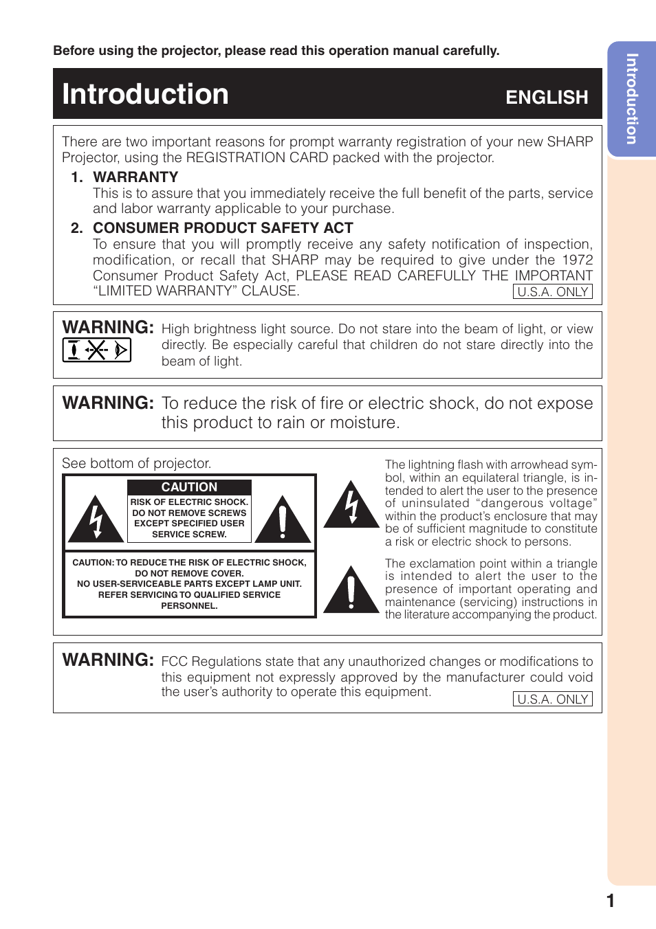 Introduction, Intr, Oduction | English, Warning | Sharp XG-F315X User Manual | Page 5 / 72