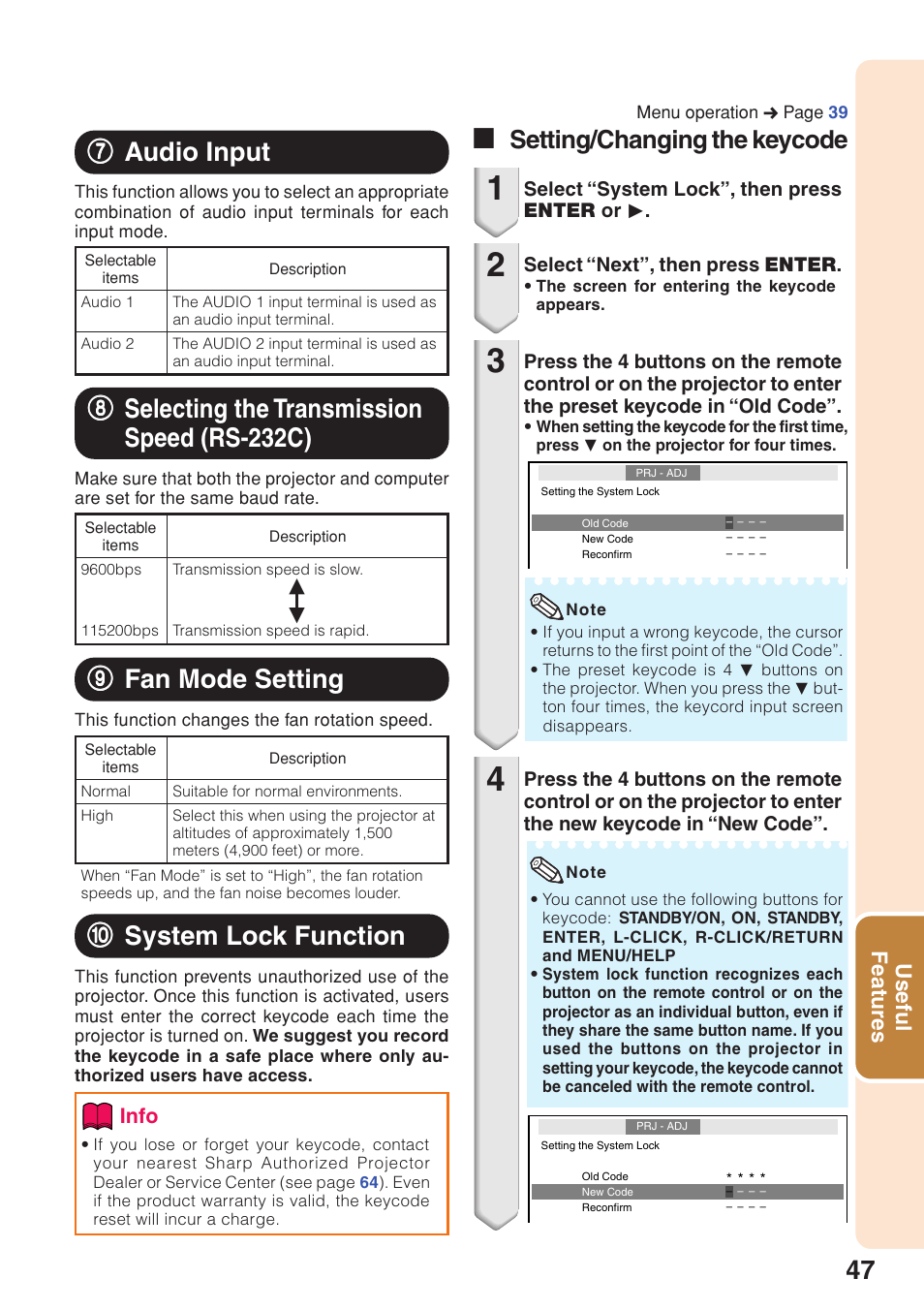 Audio input, Selecting the transmission speed (rs-232c), Fan mode setting | System lock function, Audio input selecting the transmission speed, Rs-232c), Fan mode setting system lock function, 66 monitor output, 00 system lock function, 99 fan mode setting | Sharp XG-F315X User Manual | Page 51 / 72