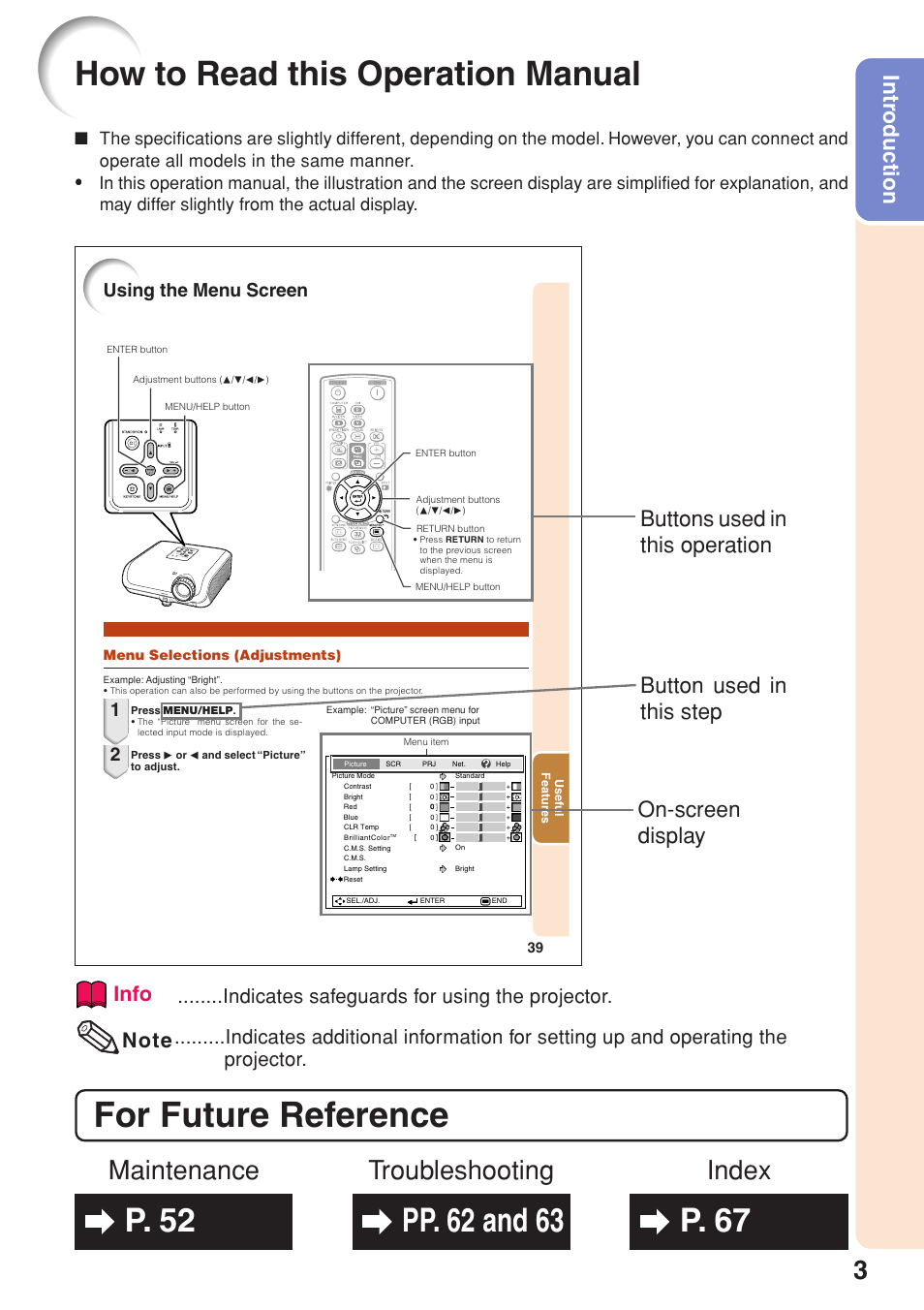 How to read this operation manual, For future reference, Index maintenance troubleshooting | Intr oduction, Info, Indicates safeguards for using the projector, Using the menu screen | Sharp XG-F315X User Manual | Page 7 / 72