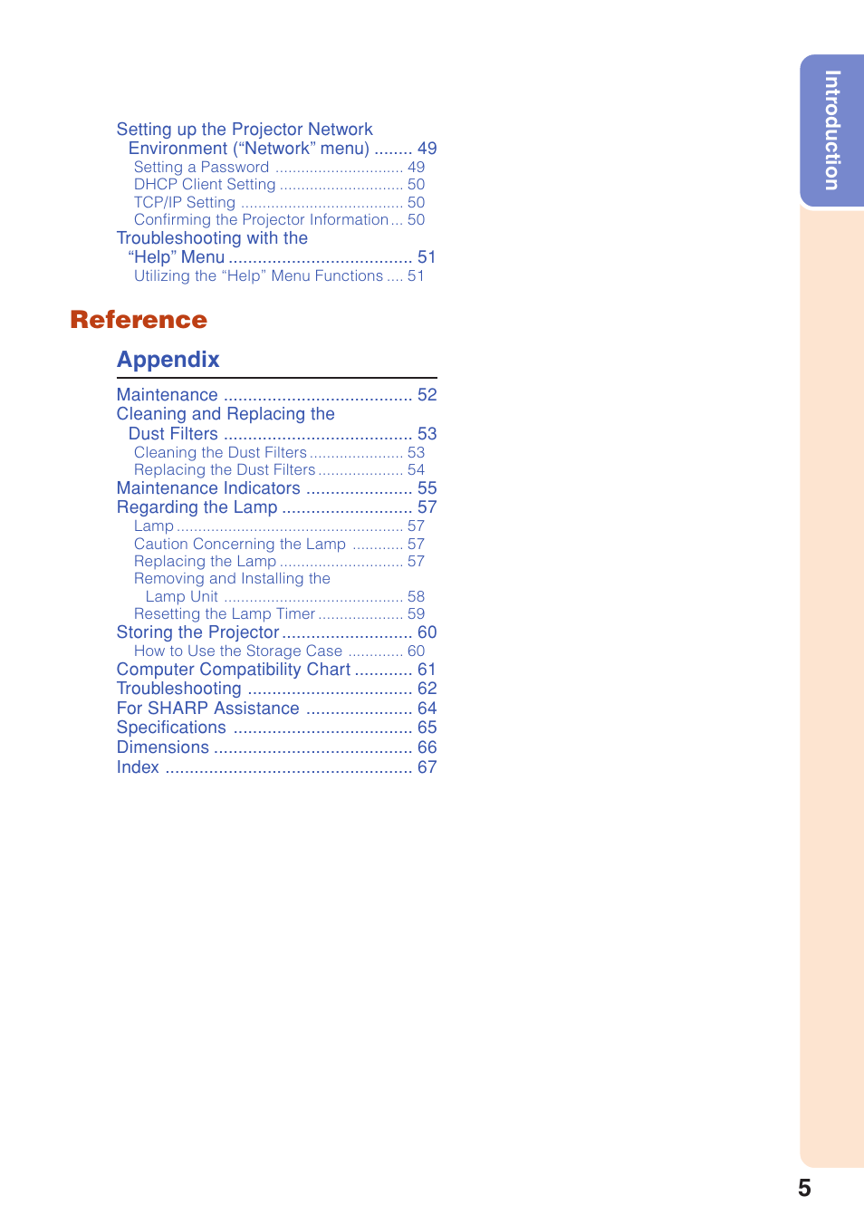 Reference, Appendix | Sharp XG-F315X User Manual | Page 9 / 72