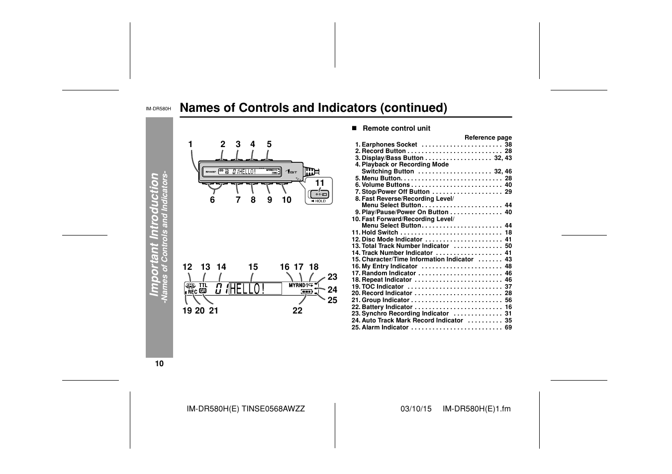 Names of controls and indicators (continued), Impor ta nt i n tr oduct ion | Sharp TINSE0568AWZZ User Manual | Page 10 / 88