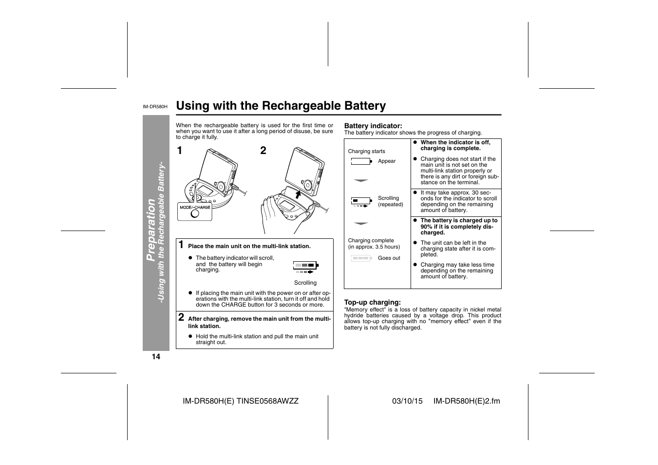 Using with the rechargeable battery, Preparation | Sharp TINSE0568AWZZ User Manual | Page 14 / 88