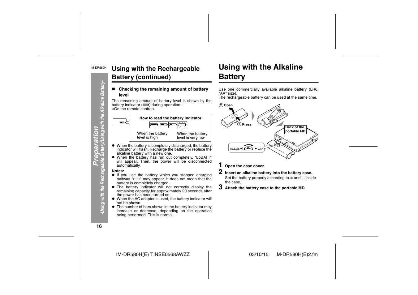 Using with the alkaline battery, Preparation, Using with the rechargeable battery (continued) | Sharp TINSE0568AWZZ User Manual | Page 16 / 88