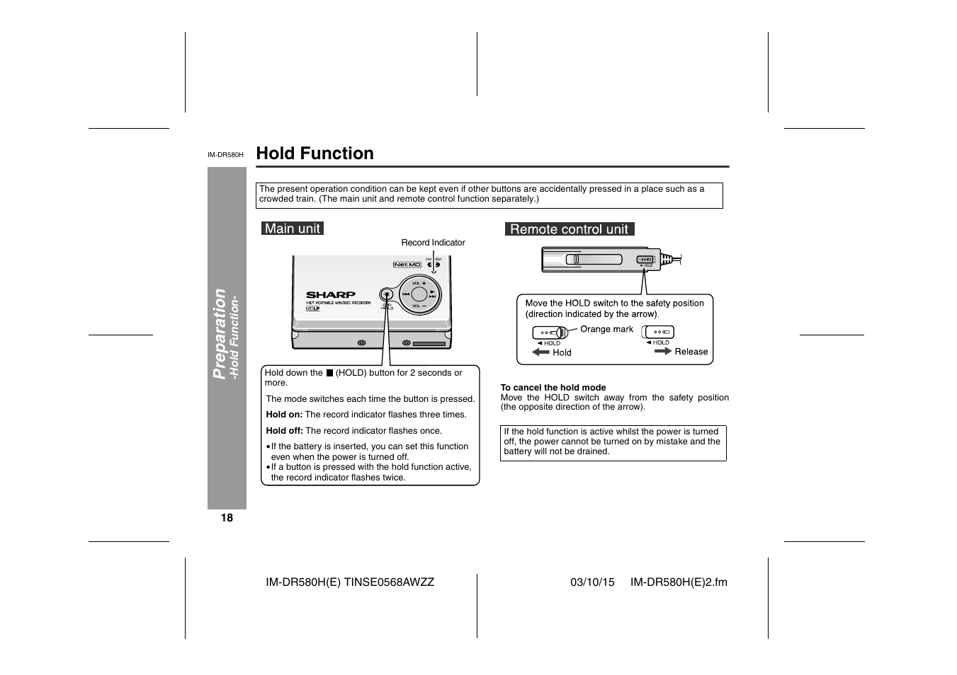 Hold function, Preparation | Sharp TINSE0568AWZZ User Manual | Page 18 / 88