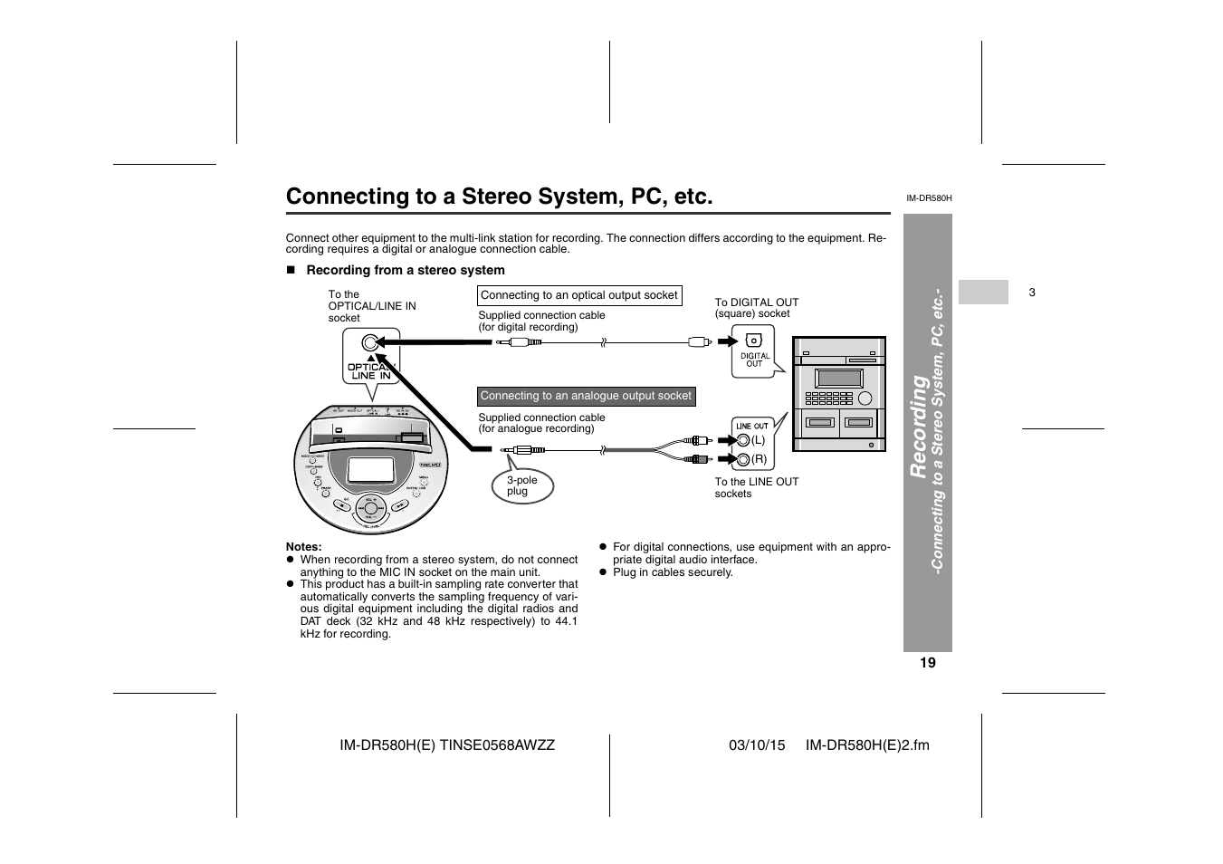 Connecting to a stereo system, pc, etc, Recor d in g | Sharp TINSE0568AWZZ User Manual | Page 19 / 88