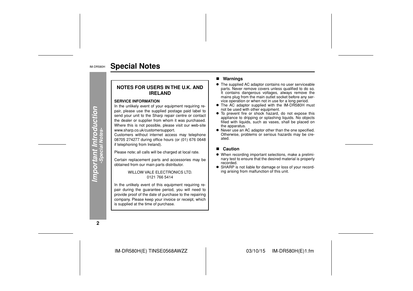 Impor ta nt i n tr oduct ion | Sharp TINSE0568AWZZ User Manual | Page 2 / 88