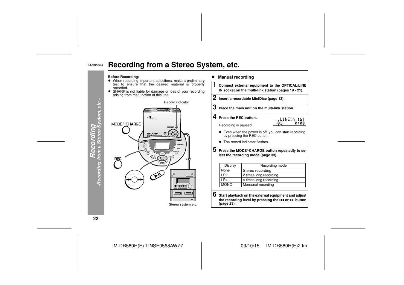 Recording from a stereo system, etc, Recor d in g | Sharp TINSE0568AWZZ User Manual | Page 22 / 88