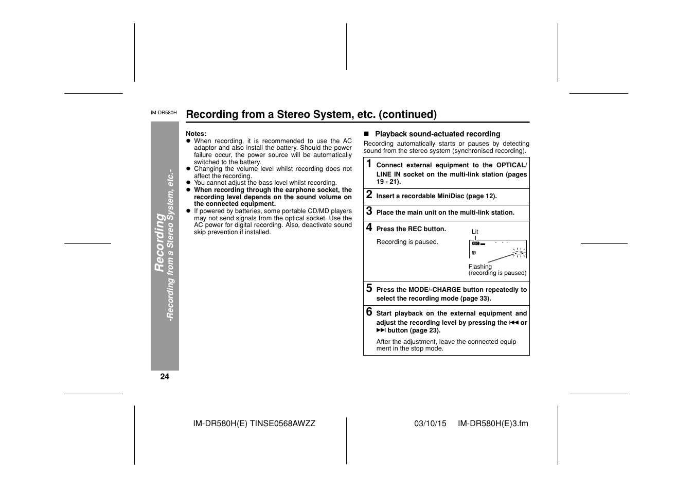 Recor d in g, Recording from a stereo system, etc. (continued) | Sharp TINSE0568AWZZ User Manual | Page 24 / 88