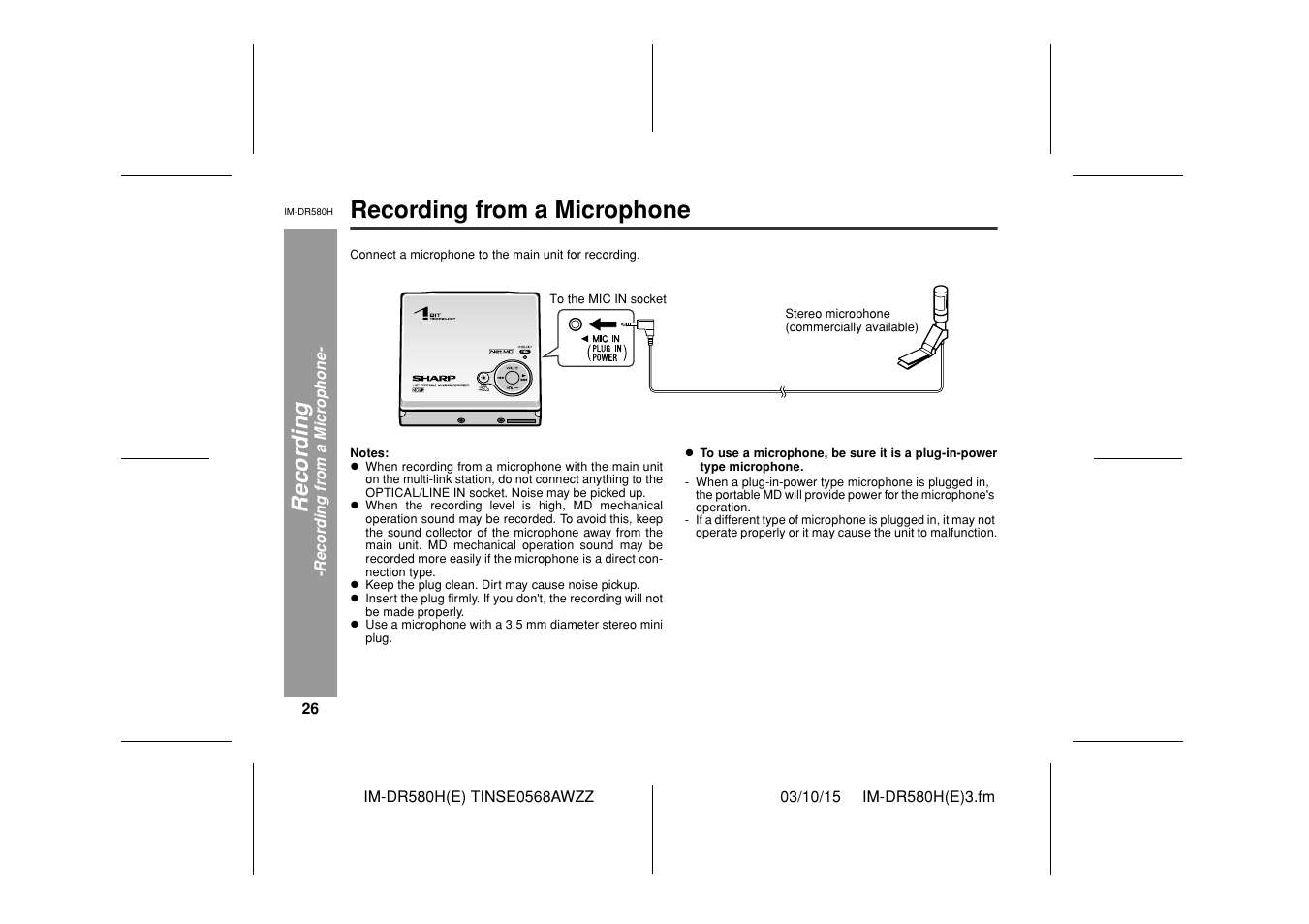 Recording from a microphone, Recor d in g | Sharp TINSE0568AWZZ User Manual | Page 26 / 88