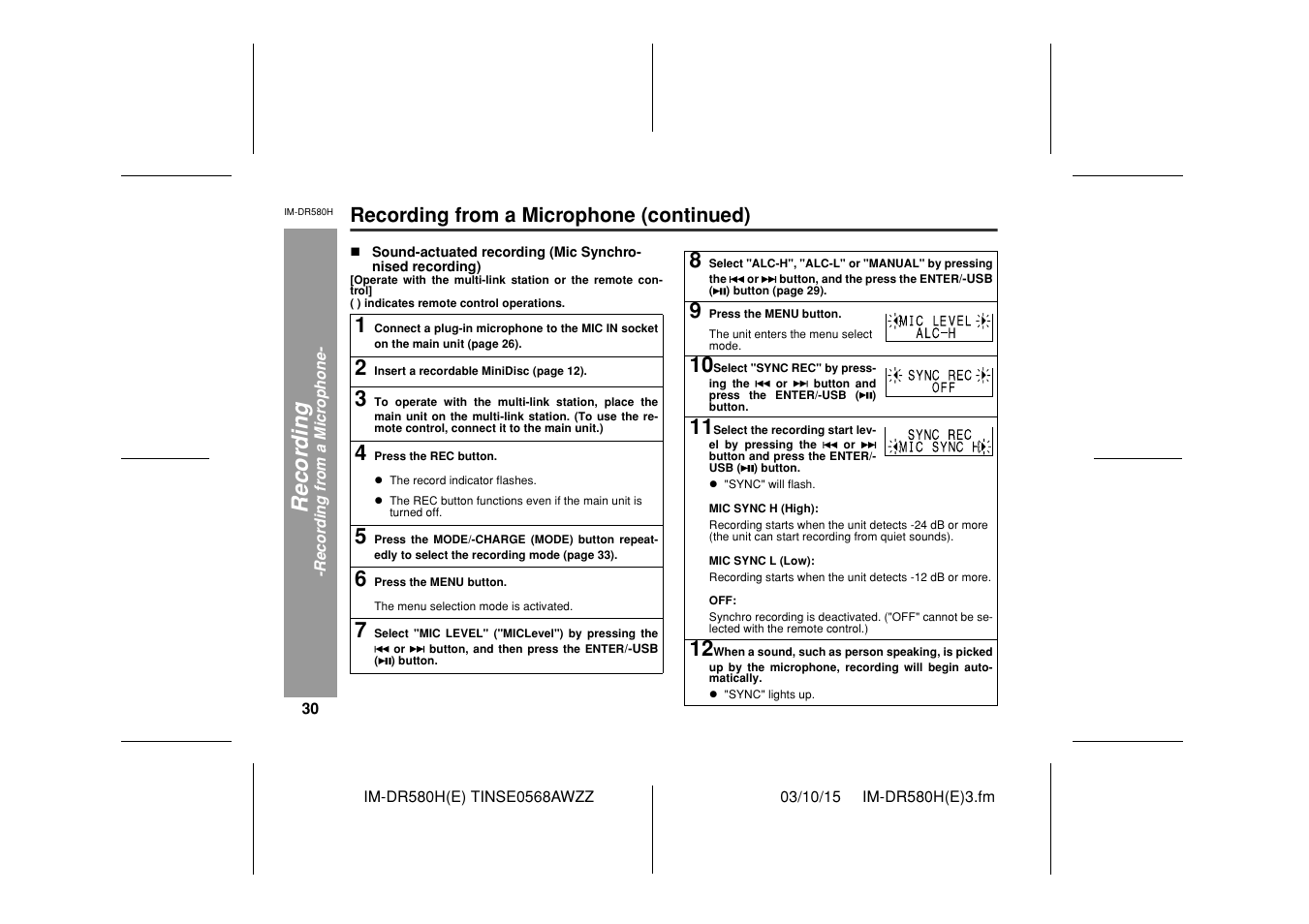 Recor d in g, Recording from a microphone (continued) | Sharp TINSE0568AWZZ User Manual | Page 30 / 88