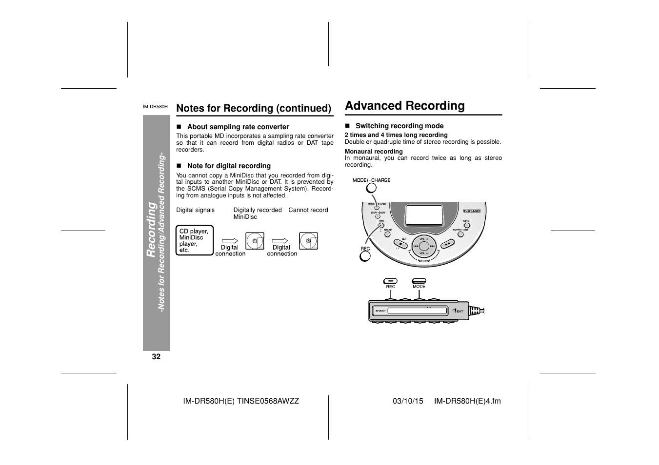 Advanced recording, Recor d in g | Sharp TINSE0568AWZZ User Manual | Page 32 / 88