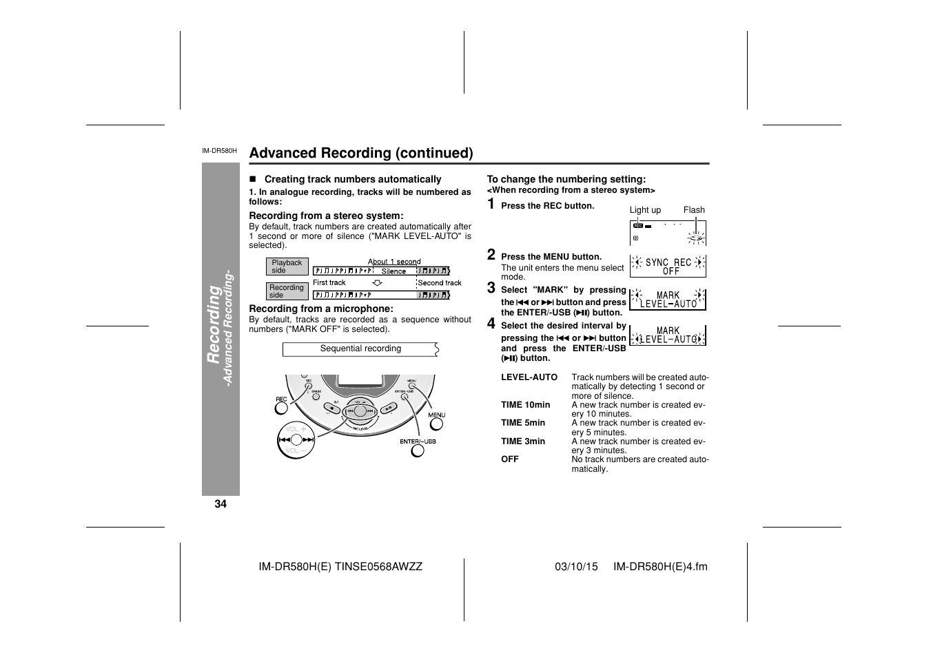 Recor d in g, Advanced recording (continued) | Sharp TINSE0568AWZZ User Manual | Page 34 / 88