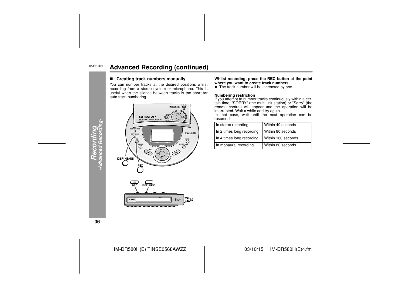 Recor d in g | Sharp TINSE0568AWZZ User Manual | Page 36 / 88