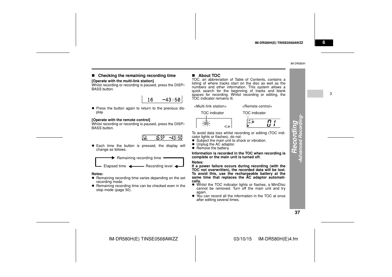 Recor d in g | Sharp TINSE0568AWZZ User Manual | Page 37 / 88