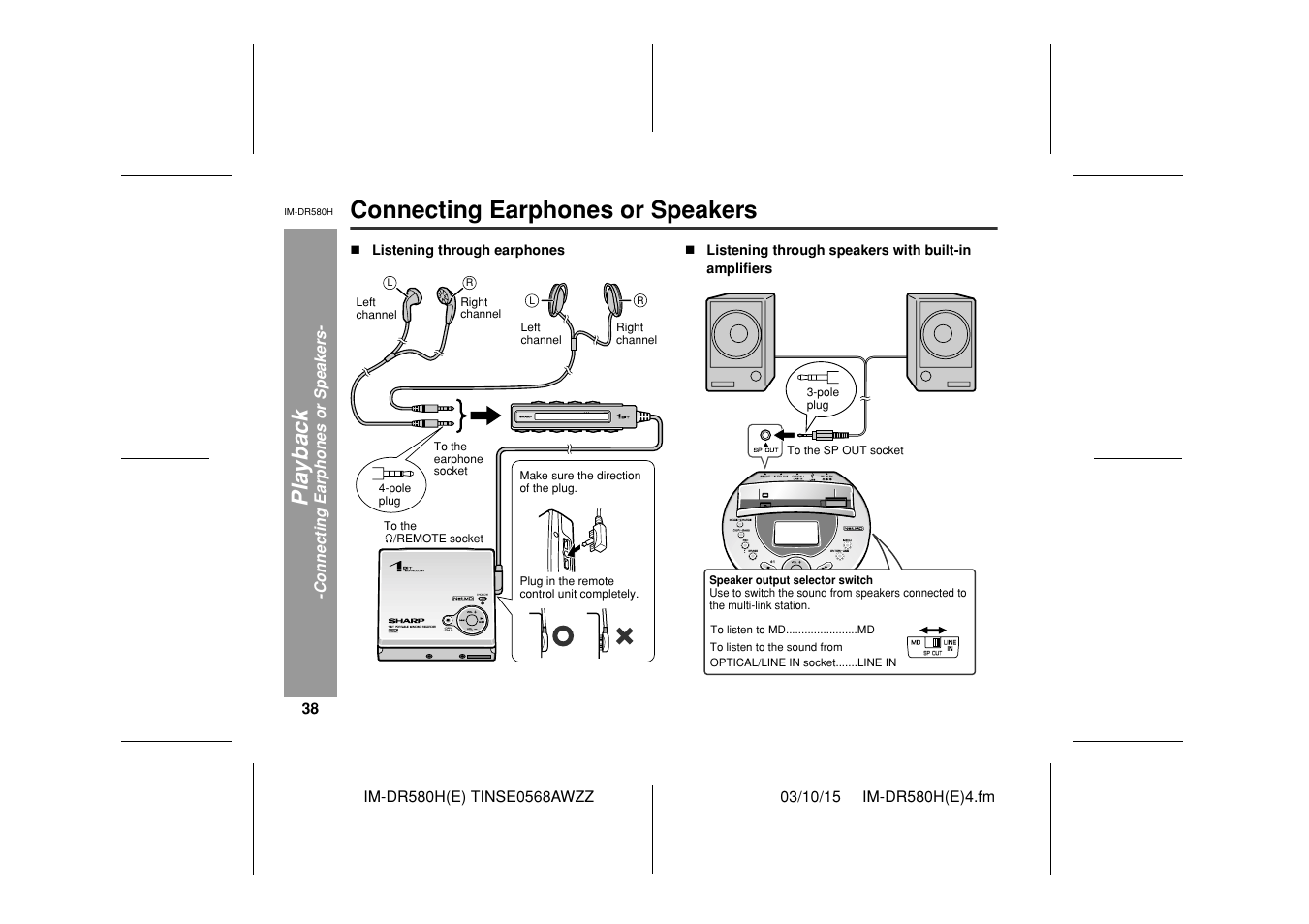 Connecting earphones or speakers | Sharp TINSE0568AWZZ User Manual | Page 38 / 88