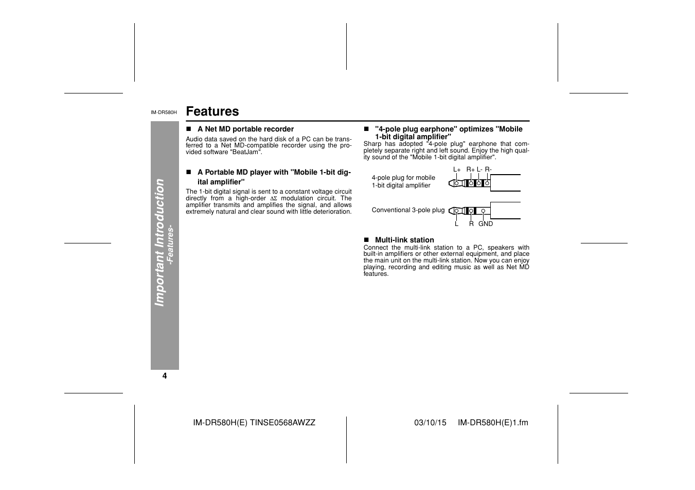 Features, Impor ta nt i n tr oduct ion | Sharp TINSE0568AWZZ User Manual | Page 4 / 88