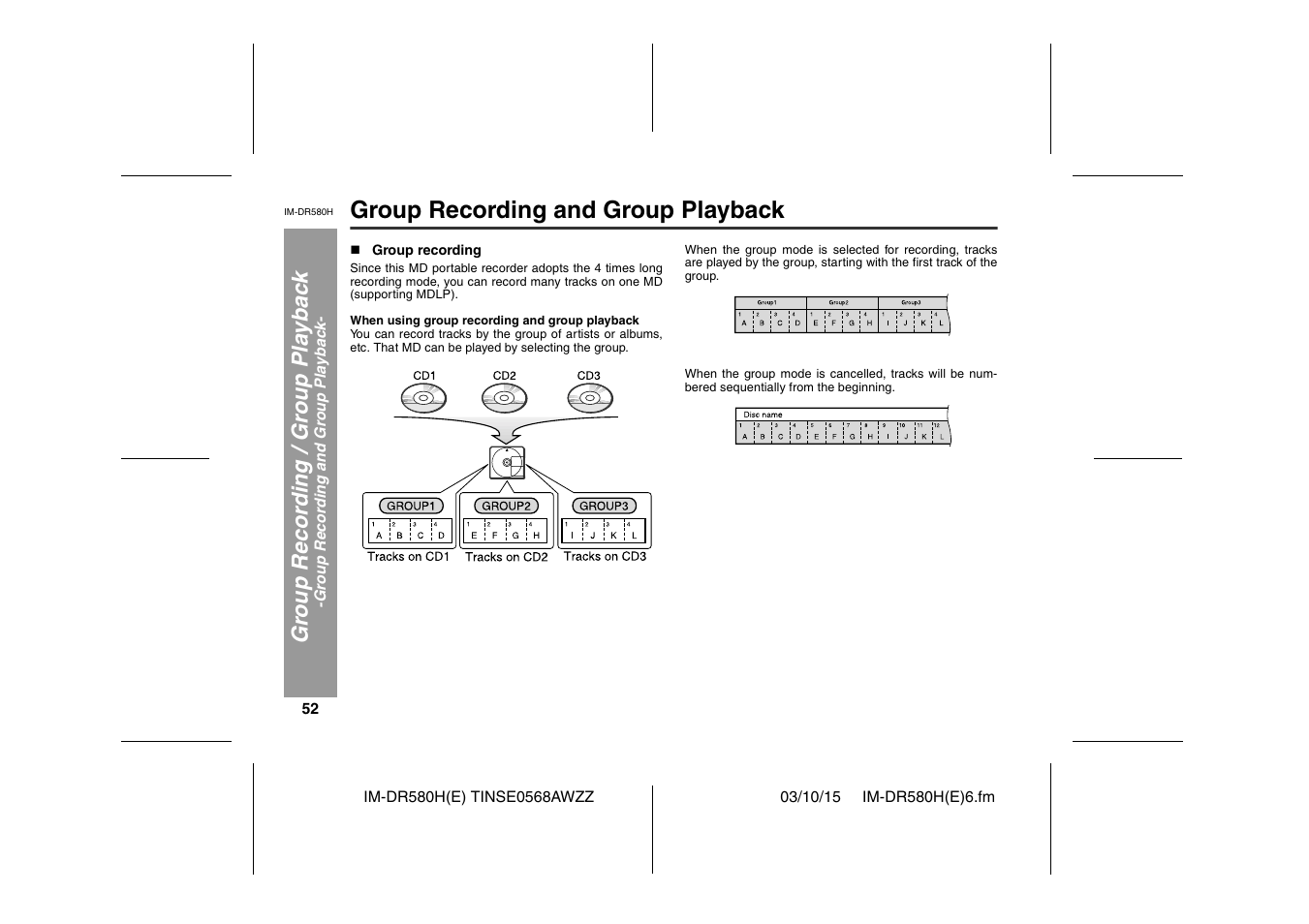 Group recording and group playback, Gr oup reco rd ing / gr oup pla y bac k | Sharp TINSE0568AWZZ User Manual | Page 52 / 88