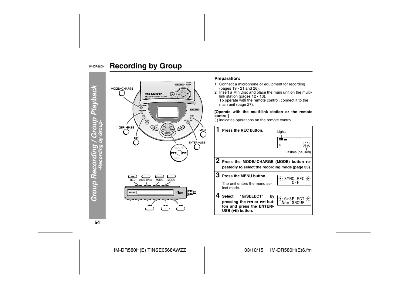 Recording by group, Gr oup reco rd ing / gr oup pla y bac k | Sharp TINSE0568AWZZ User Manual | Page 54 / 88